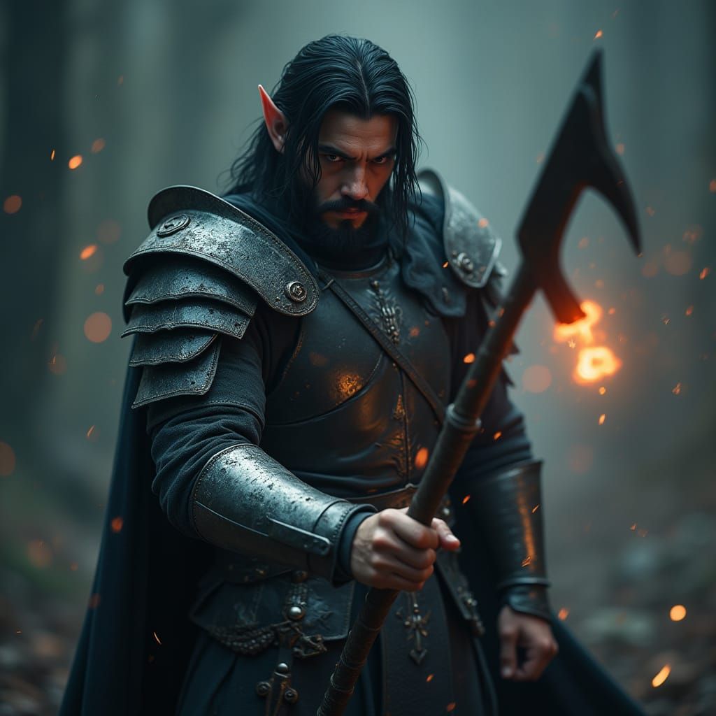 Elf Paladin with Silver Arm in Dark Cinematic Style