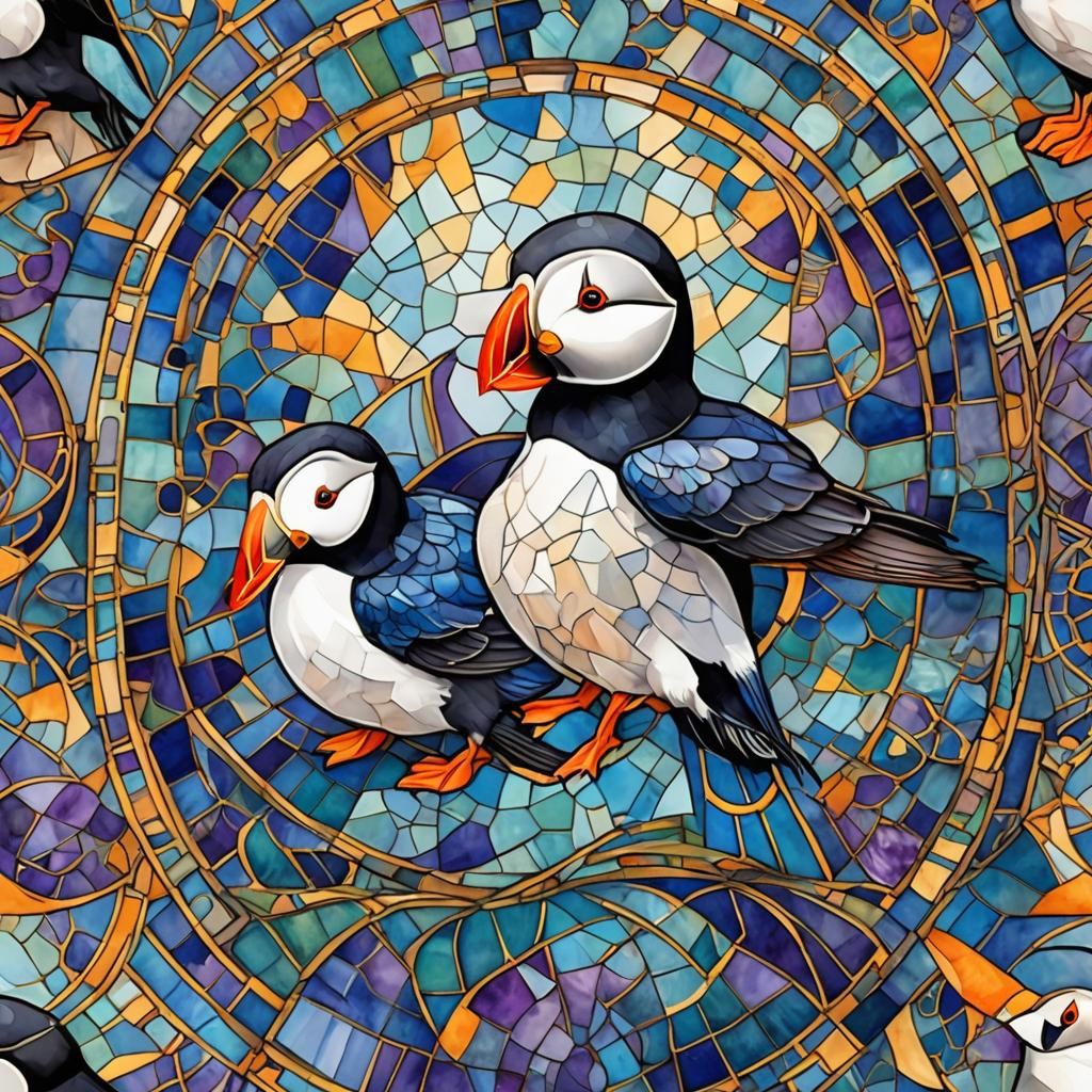 Puffin in Mosaic Stained Glass Style