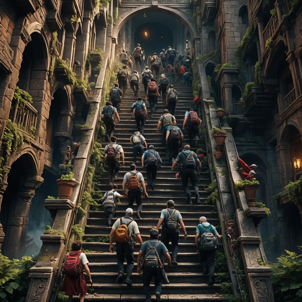 People Climbing Stairs in Detailed Matte Painting