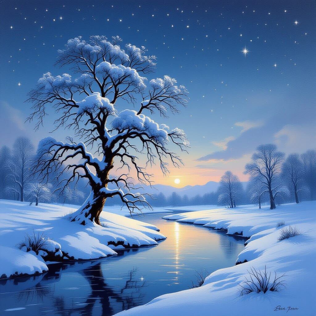 Ancient Snow Tree Silhouetted Against Twilight Sky