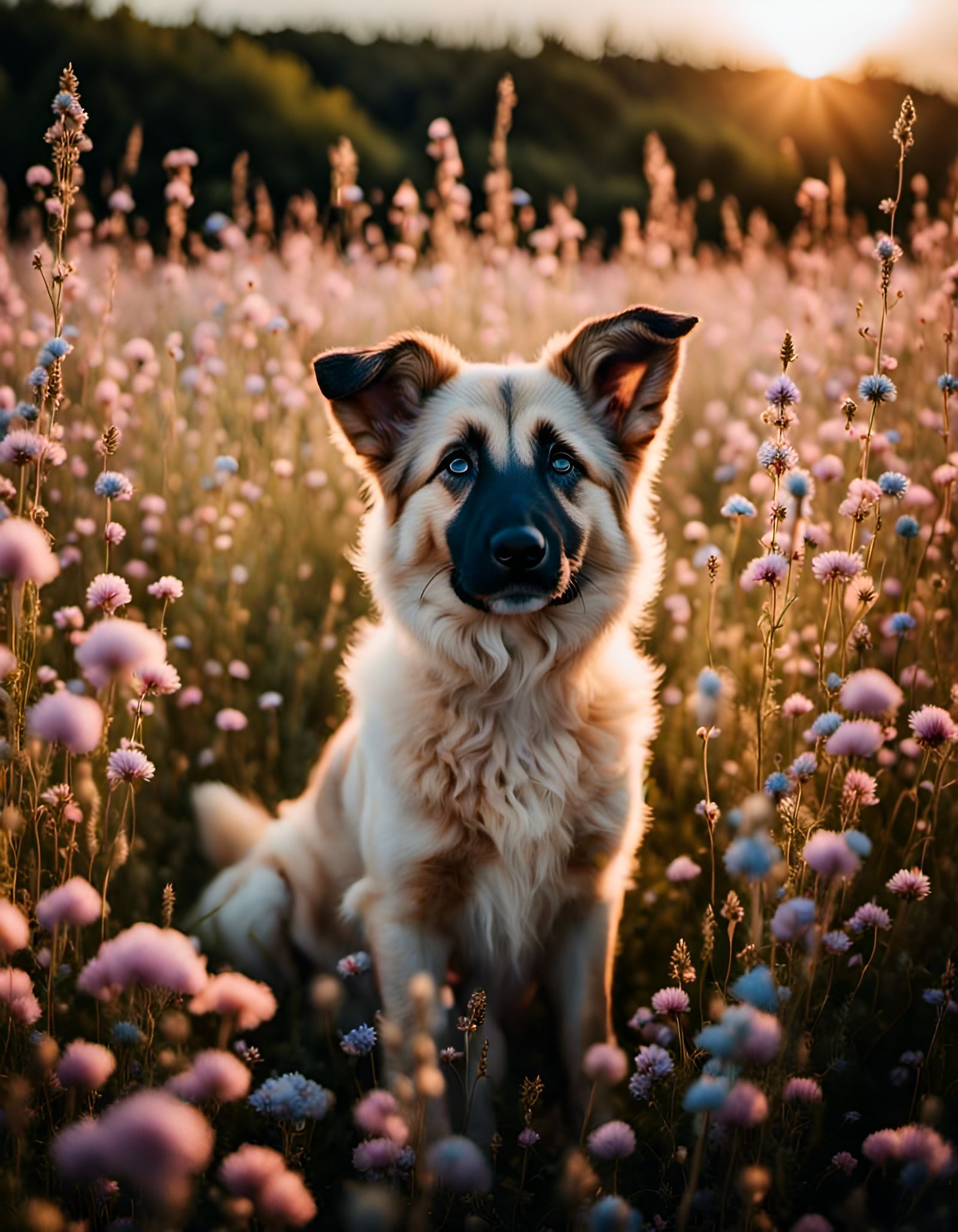 Adorable Shepherd Puppy in Wildflower Field