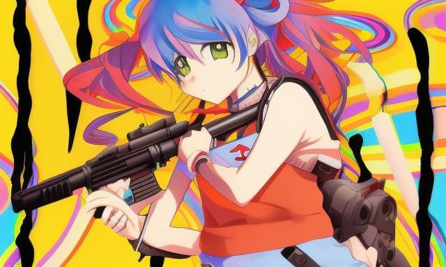 Psychedelic Anime Girl with Gun in Manga Style