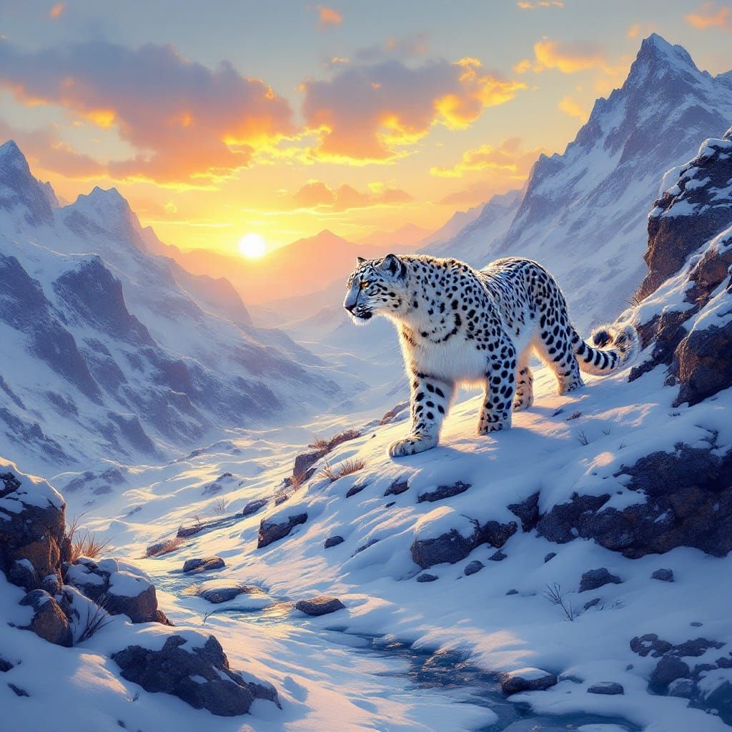 Majestic Snow Leopard in Sunset Landscape