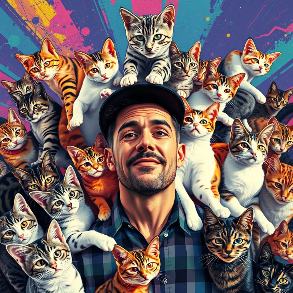 Man Overwhelmed by Cats in Pop Art Style