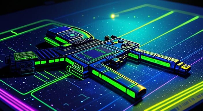 Alien with Gun near Spaceship in Pixel Art