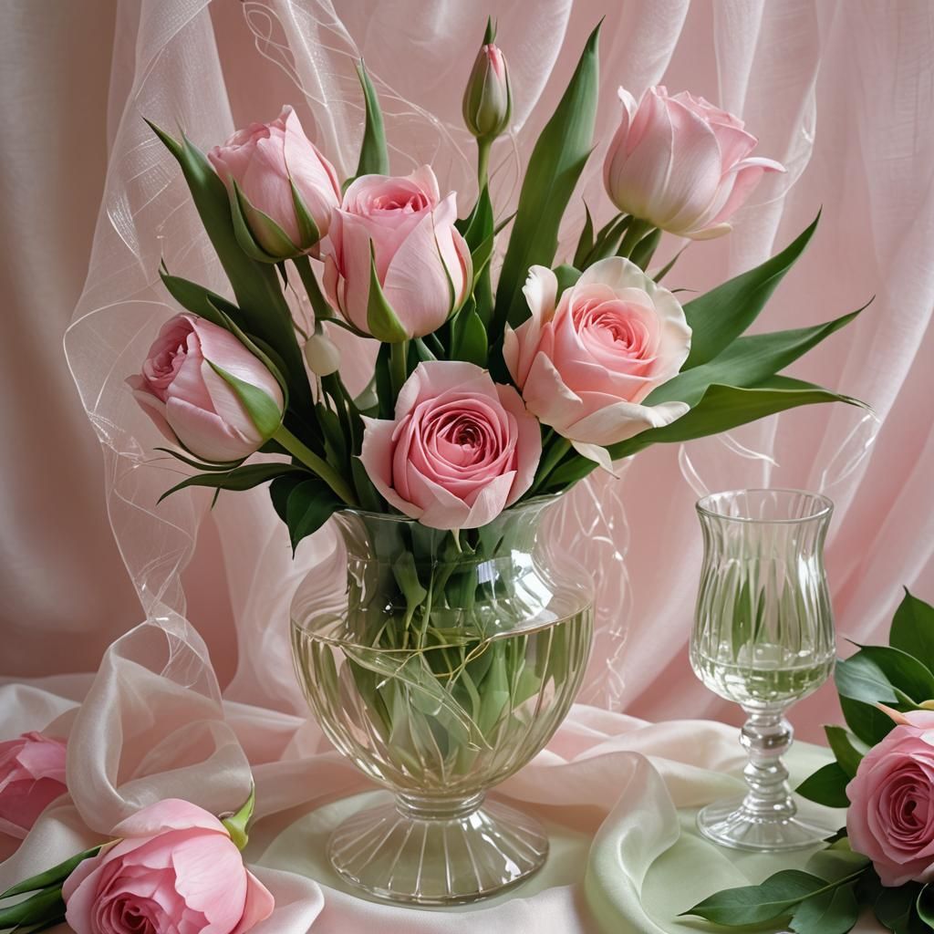 Macro Pink Silk Thread Rose and Tulip Bouquet