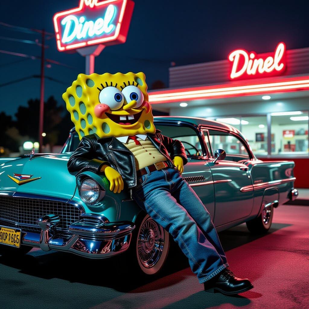 Spongebob Noir: Vintage Hot Rod Under Neon Lights