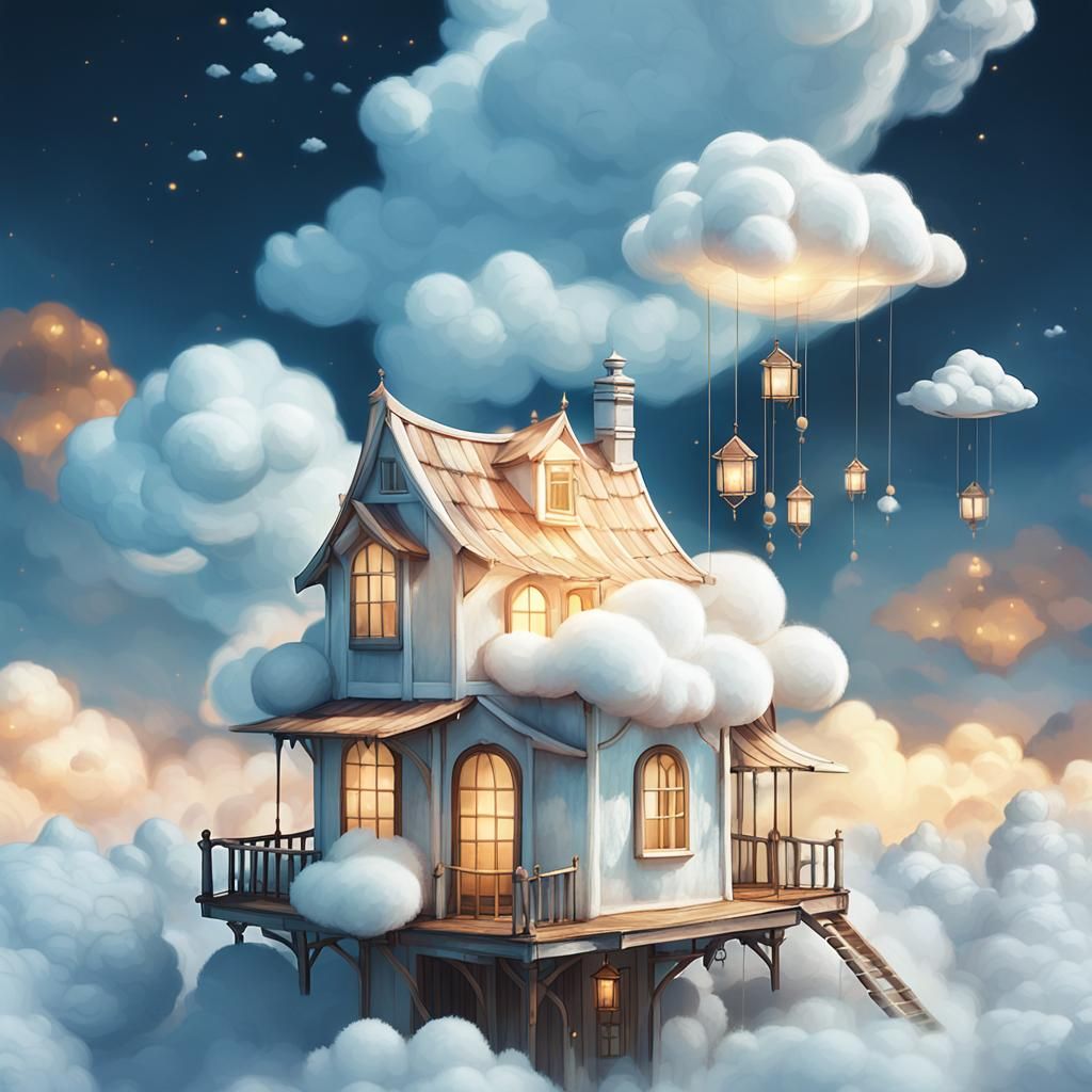 Vintage Cloud House in Whimsical Digital Art Style