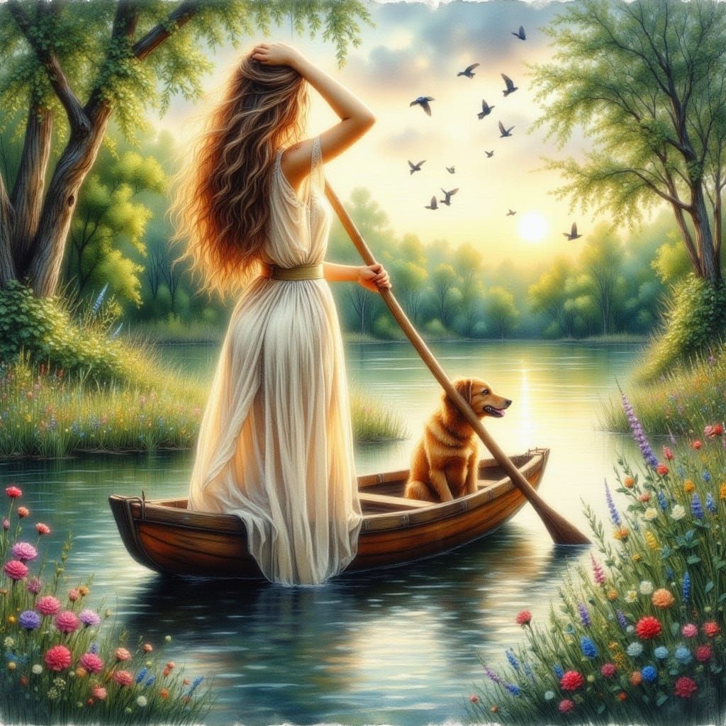 Woman and Dog on Lake at Sunrise: Impressionistic Style