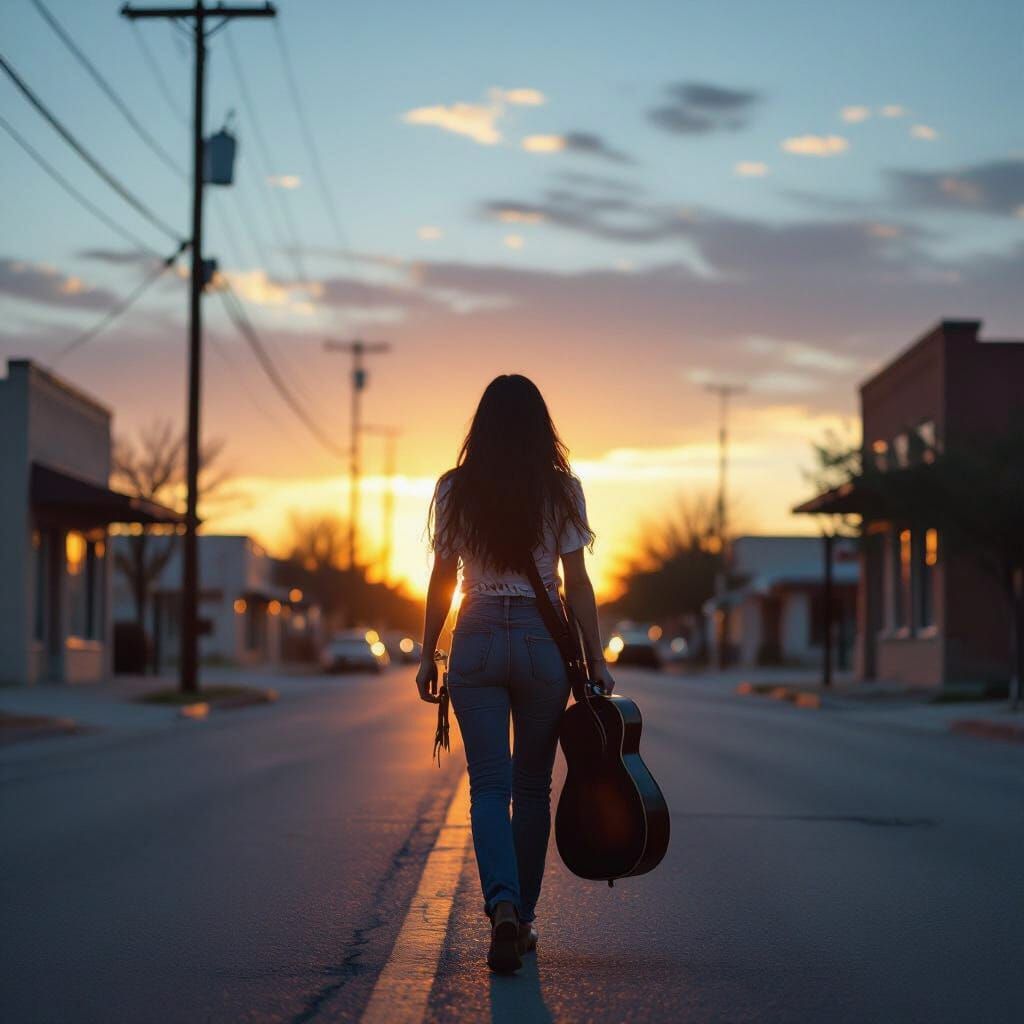 Native American Woman Strolls Through Texas Town at Sunrise