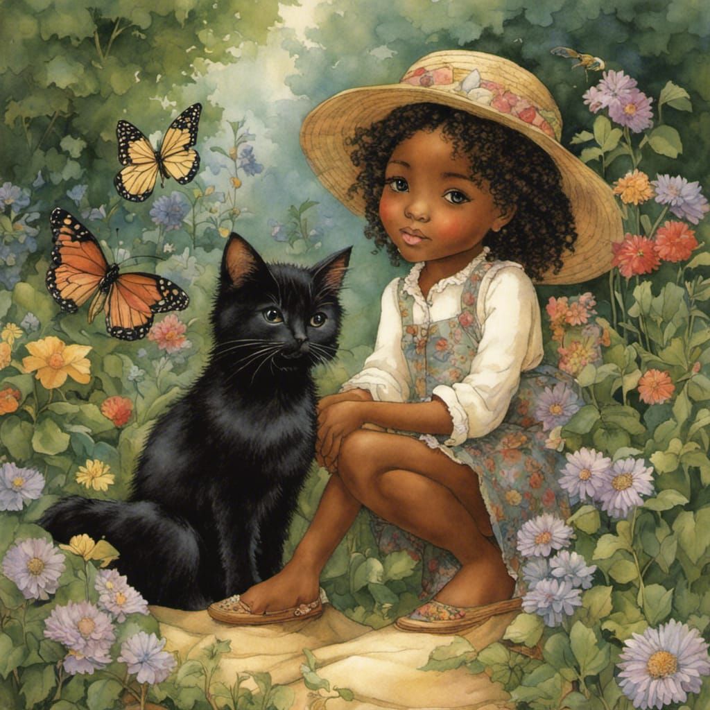 Girl and Cat in Garden, Children's Book Illustration