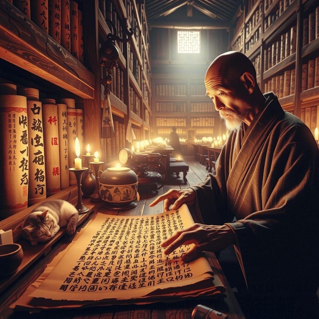 Traditional Japanese Monk in Serene Candlelit Temple Library