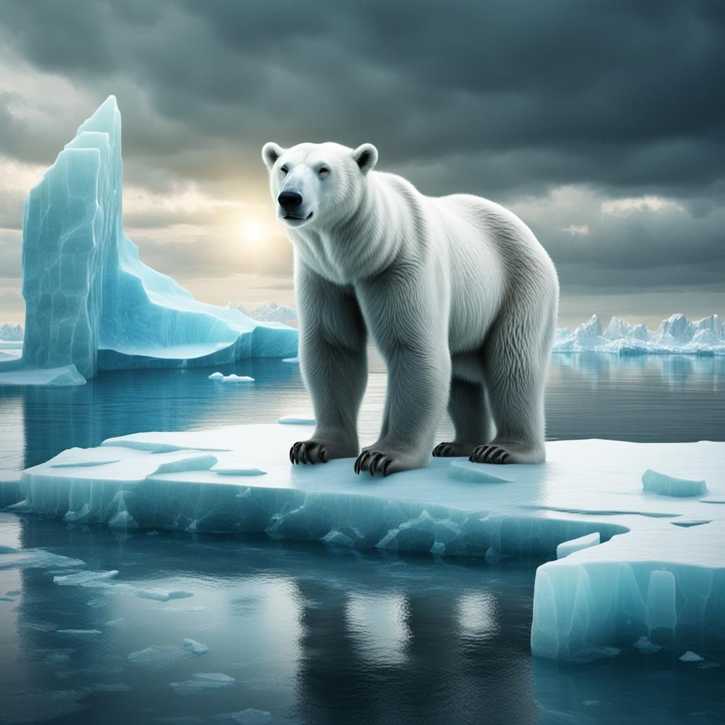 Anxious Polar Bear on Melting Iceberg: Digital Painting