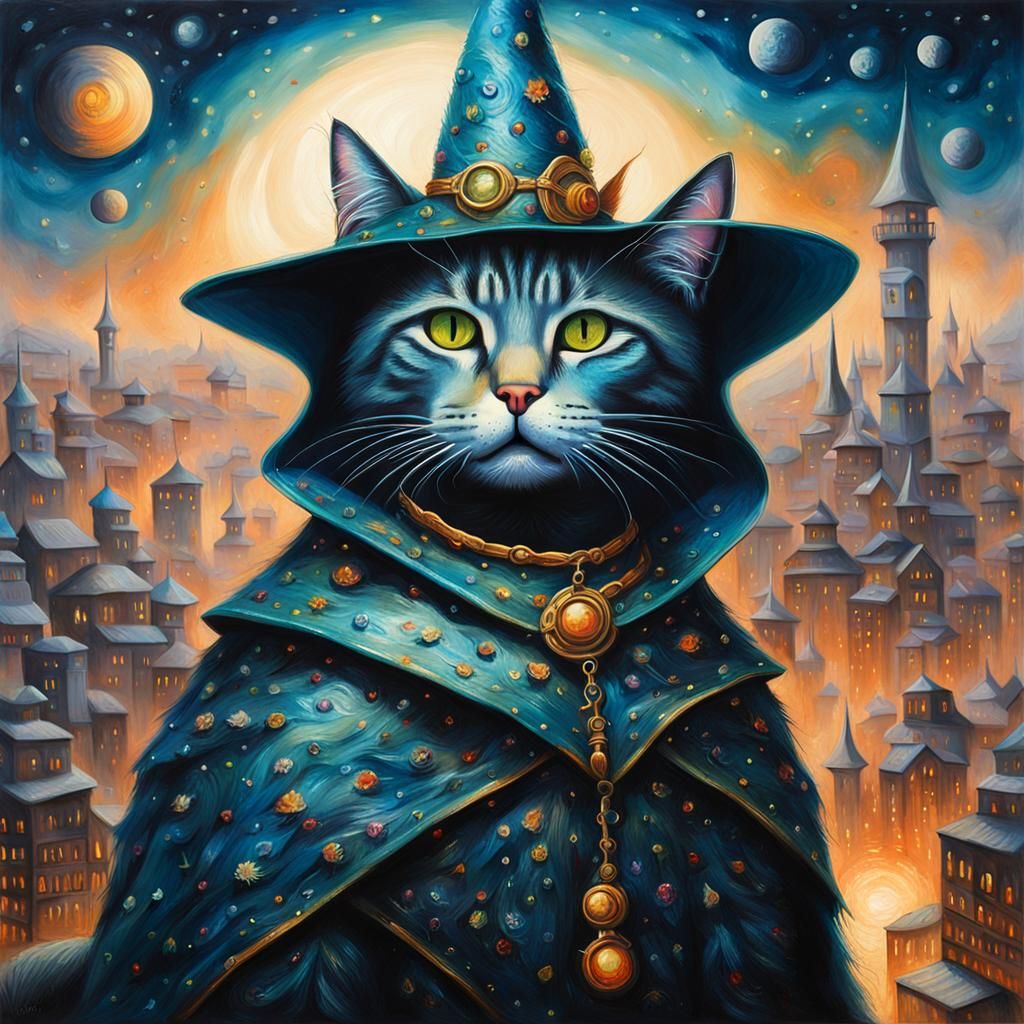 Cat Witch in Oil Painting Style with Warm Colors