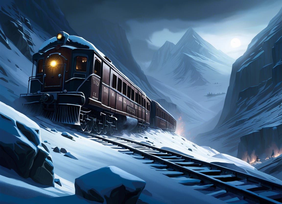 Derailed train in frozen valley