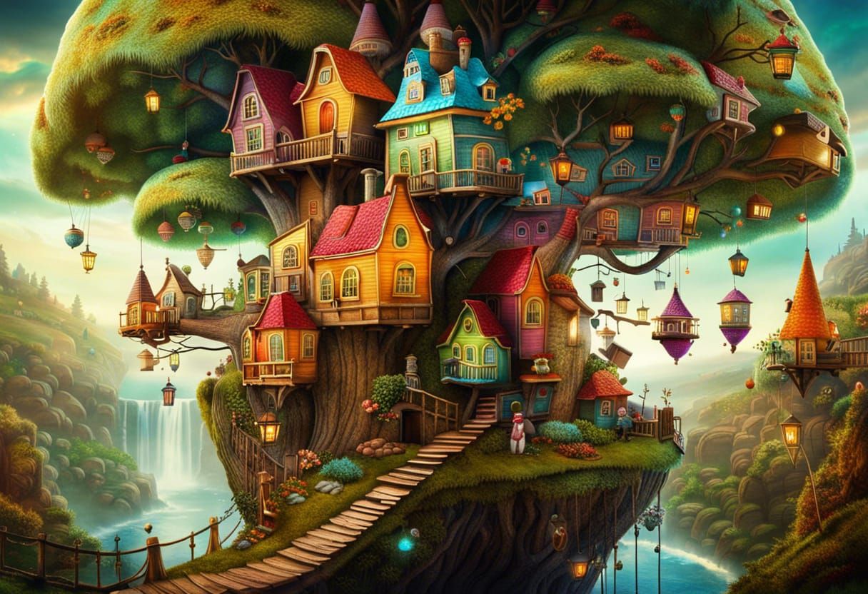 Whimsical Tree Village in Storybook Style