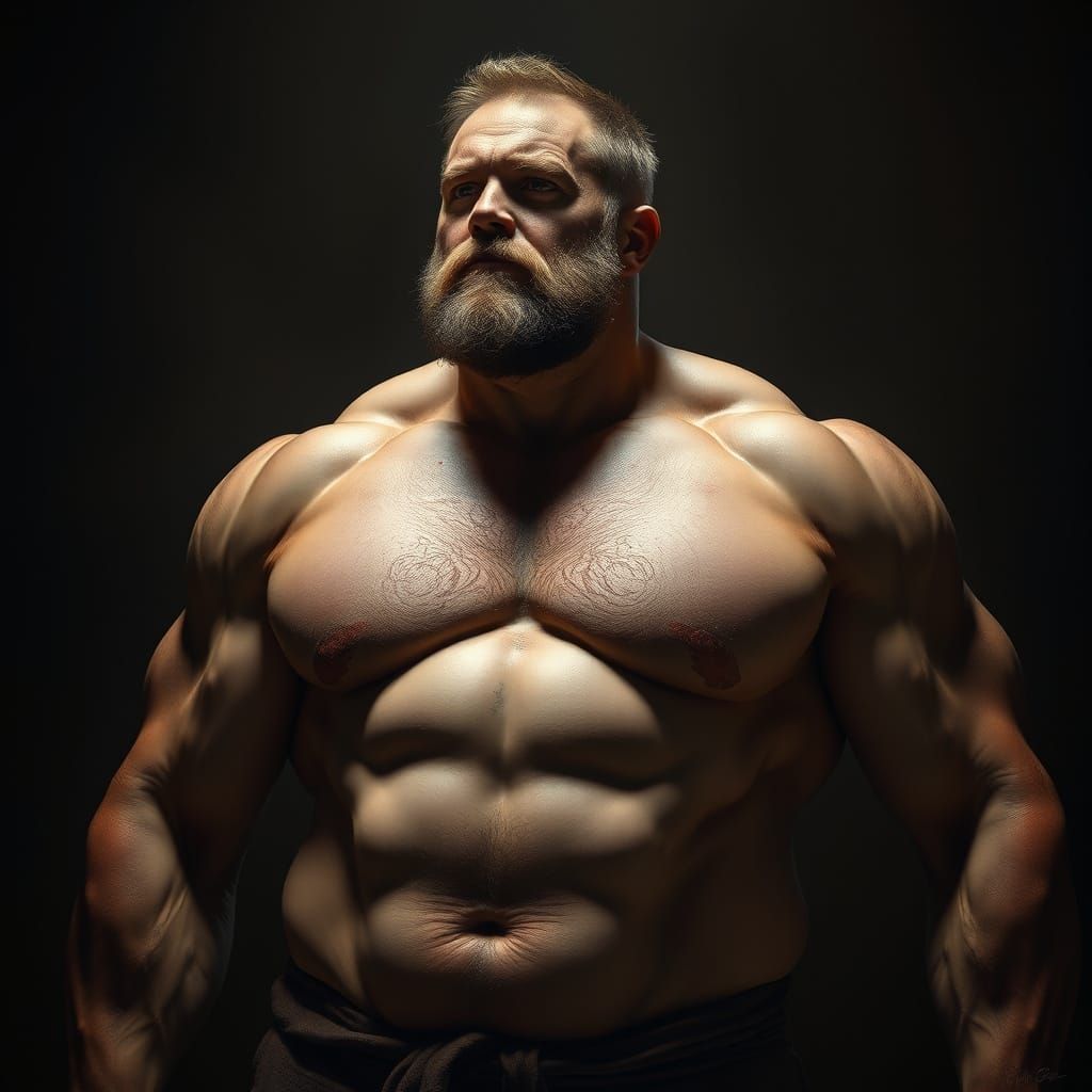Muscular Man's Strength in Dramatic Rembrandt Lighting