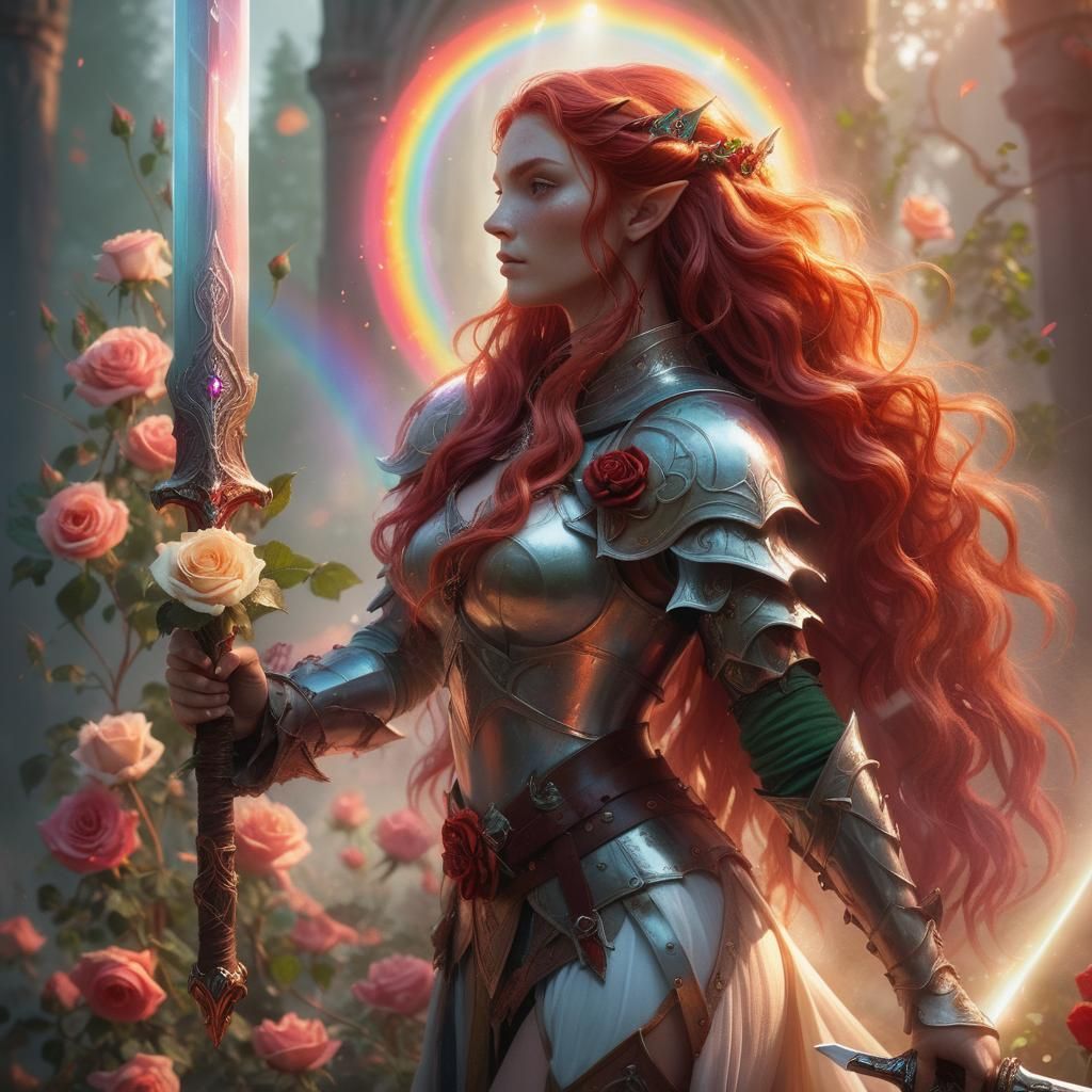 Ethereal Fantasy Paladin with Rose-Adorned Sword