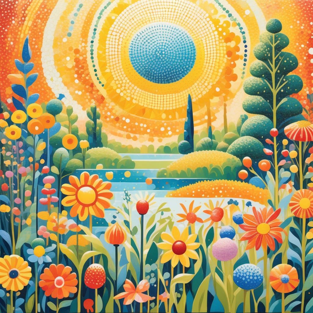 Vibrant Sun-Drenched Garden in Pointillist Style