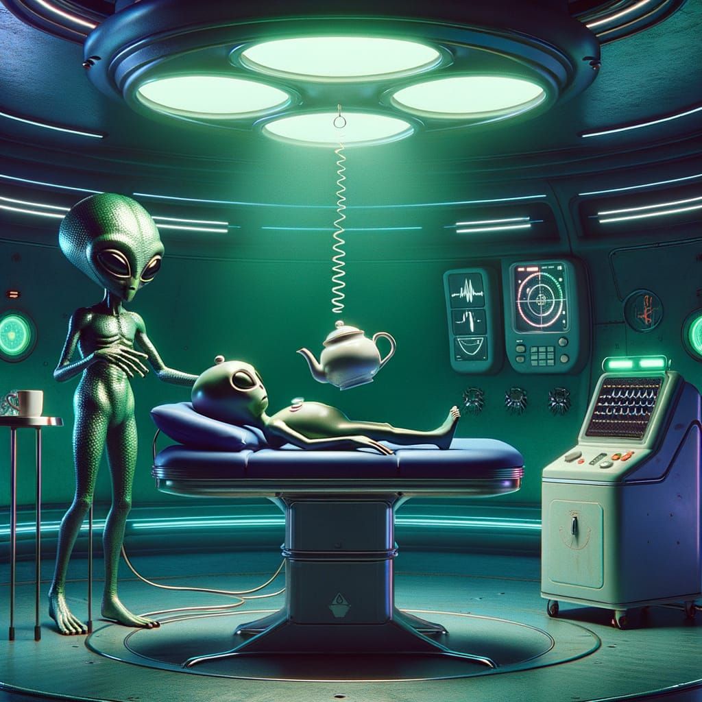 Anxious Teapot's Alien Encounter in Sci-Fi Style