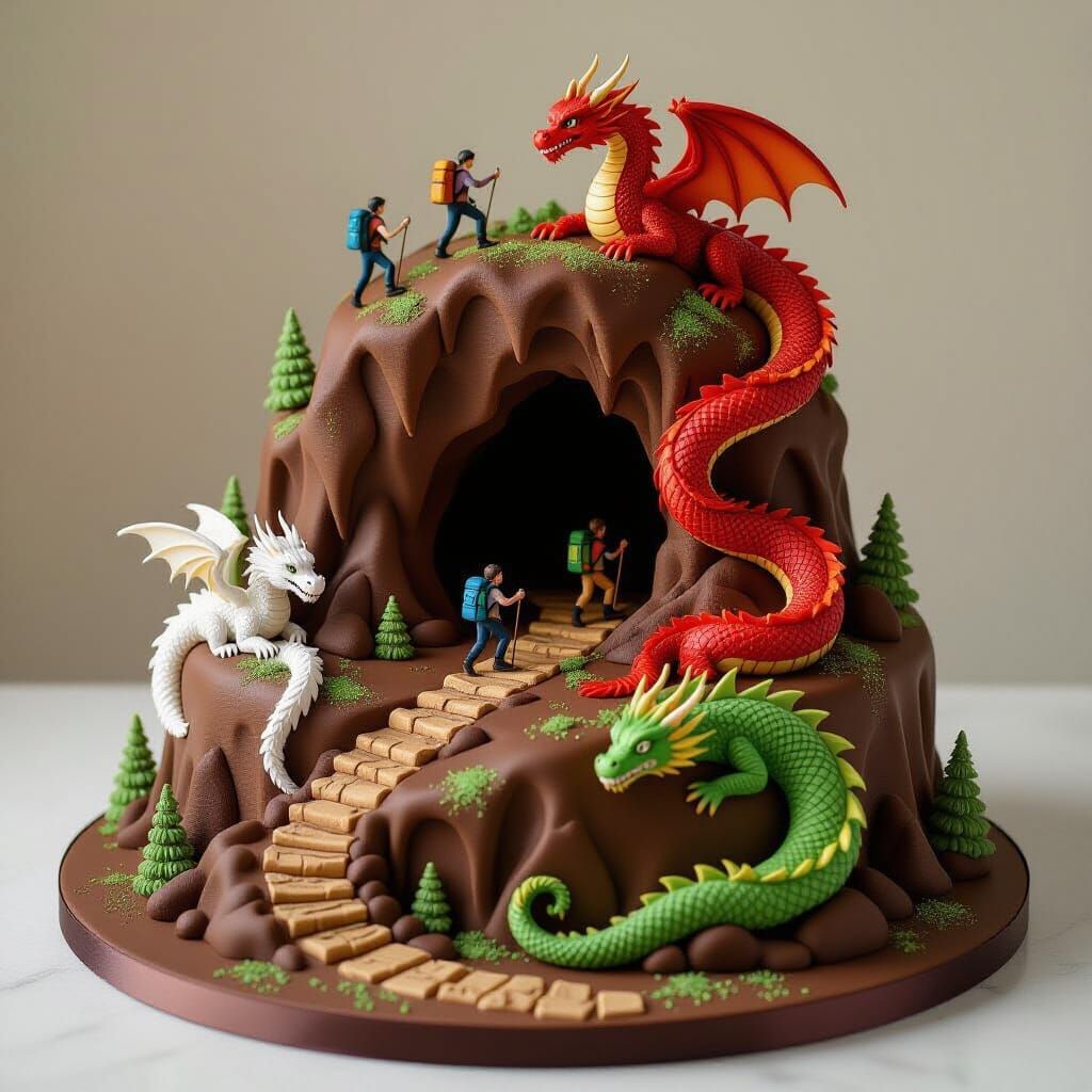Fantasy Dragon Cake with Cave and Hikers