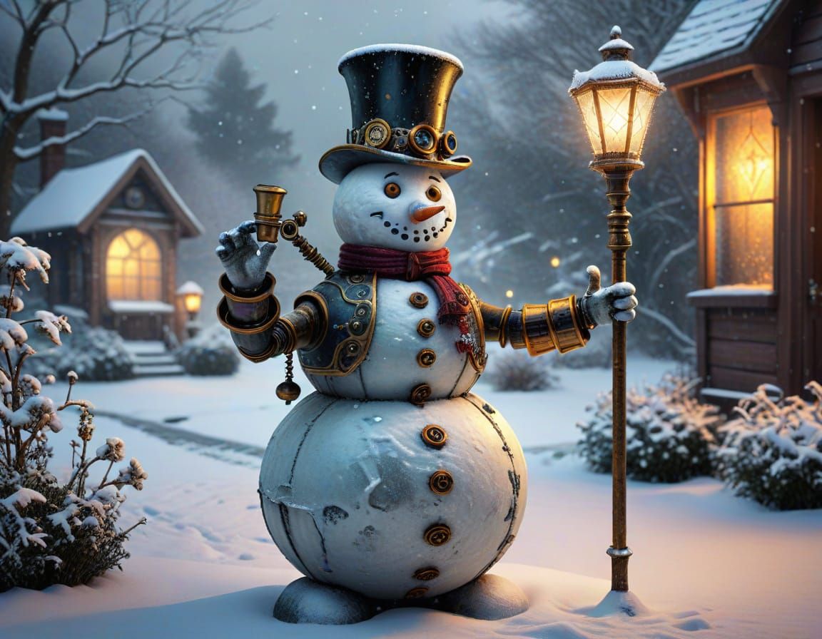 Steampunk Snowman with Clockwork Hat in Winter Wonderland
