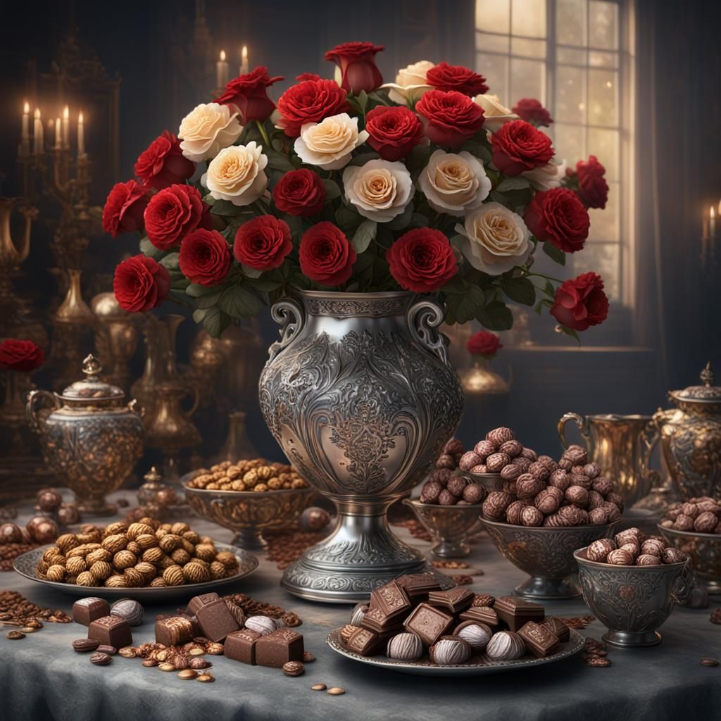 Silver Vase of Roses and Chocolates, Hyperdetailed