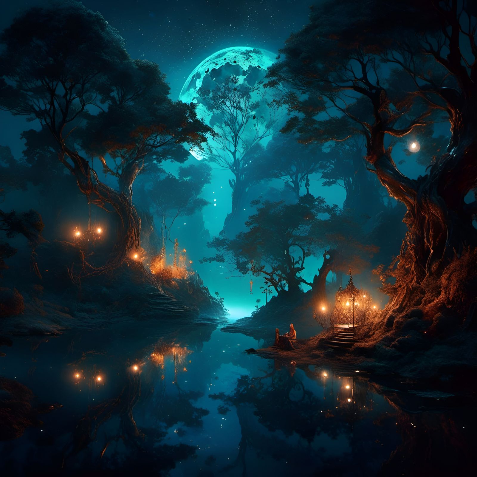 Moonlit Forest Tree in Mythic Anime Style
