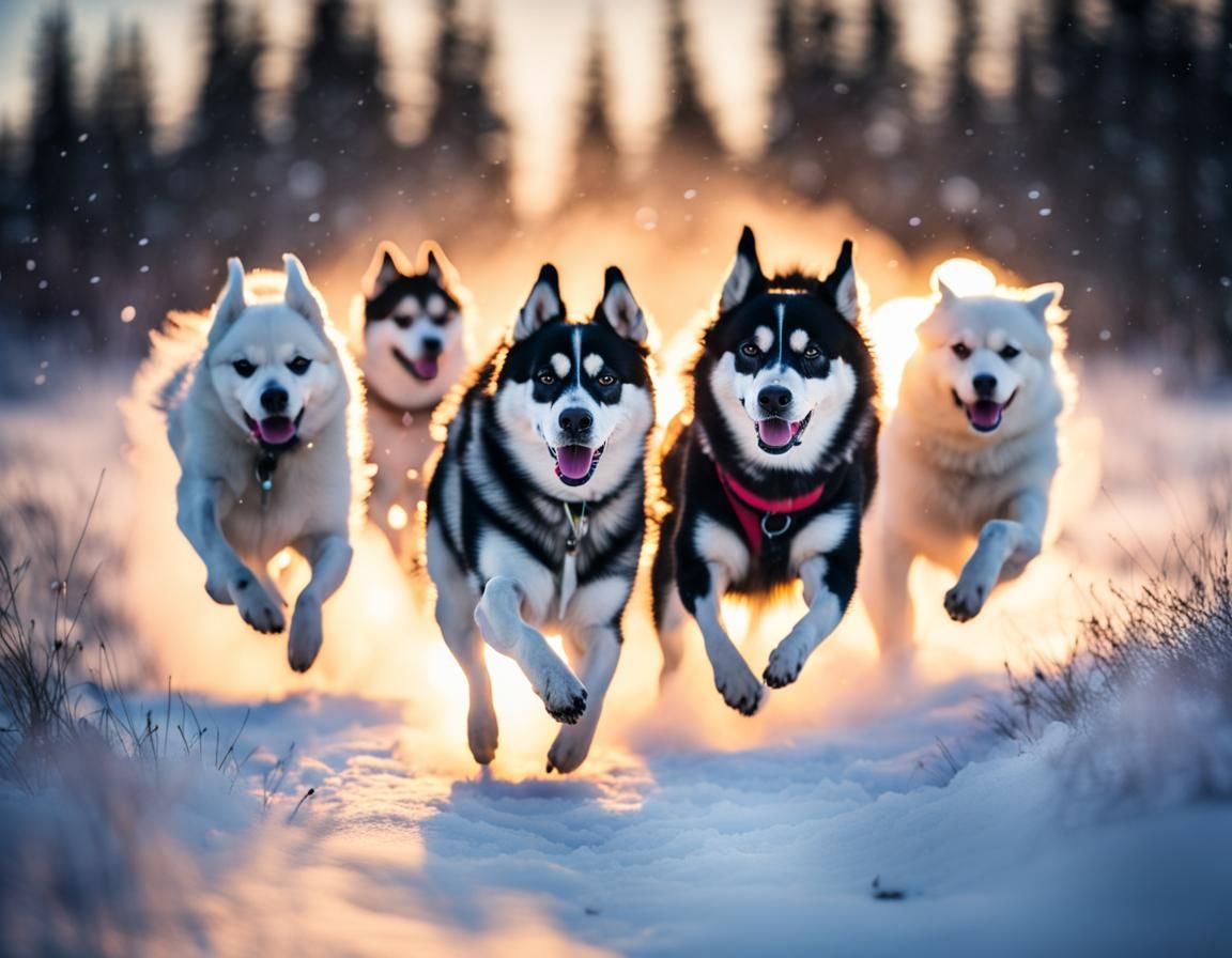 Huskies Running Through Snowy Tundra Under Northern Lights