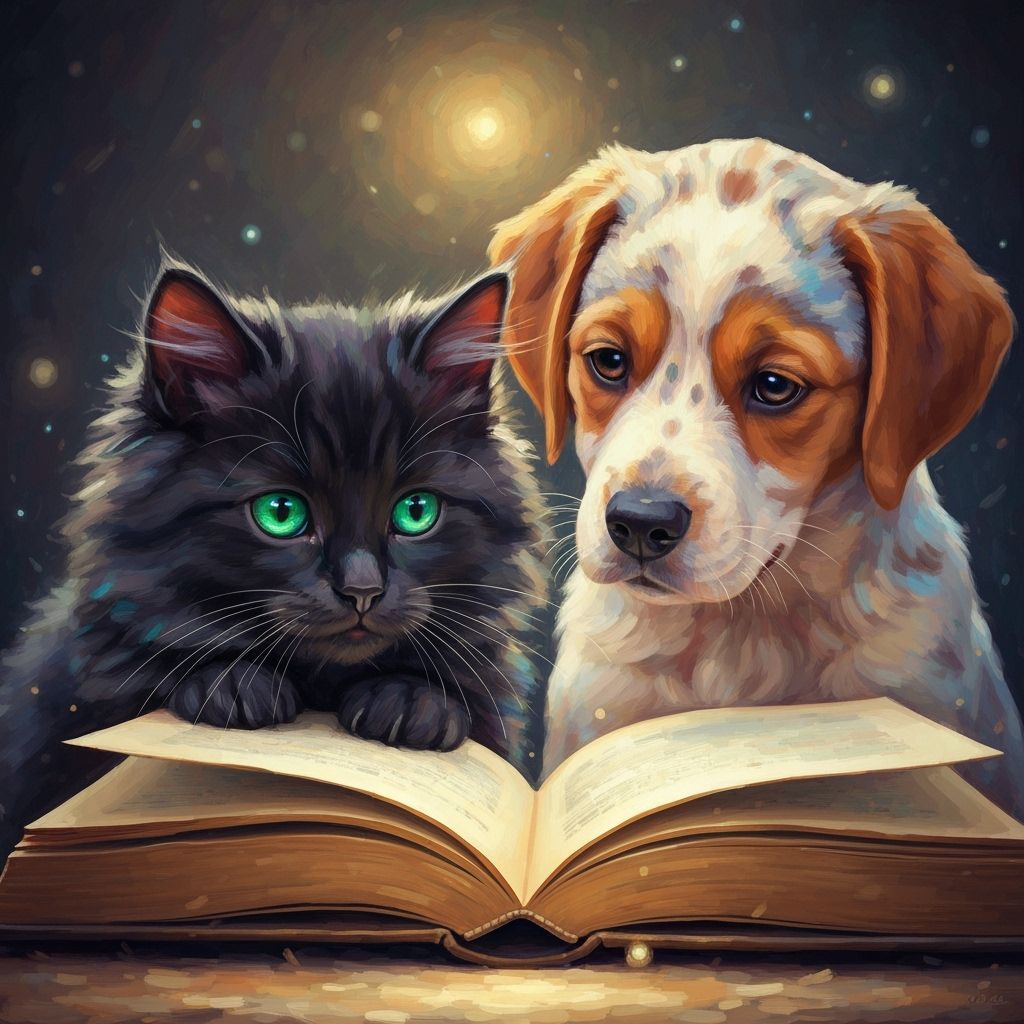 Kitten and Puppy Read Enchanted Book in Ethereal Glow