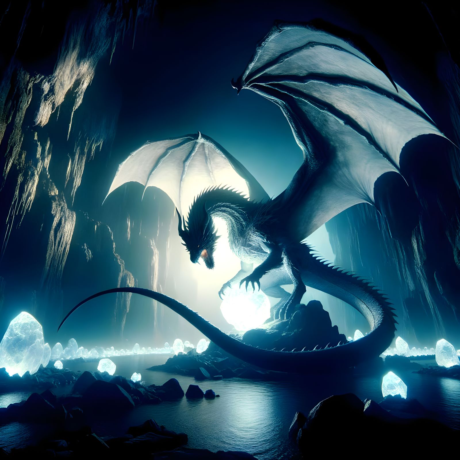 A Colossal Dragon Amidst Glowing Cave Stones in Ultra-Realis...