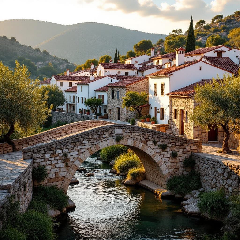 Mediterranean Village Stone Bridge at Golden Hour