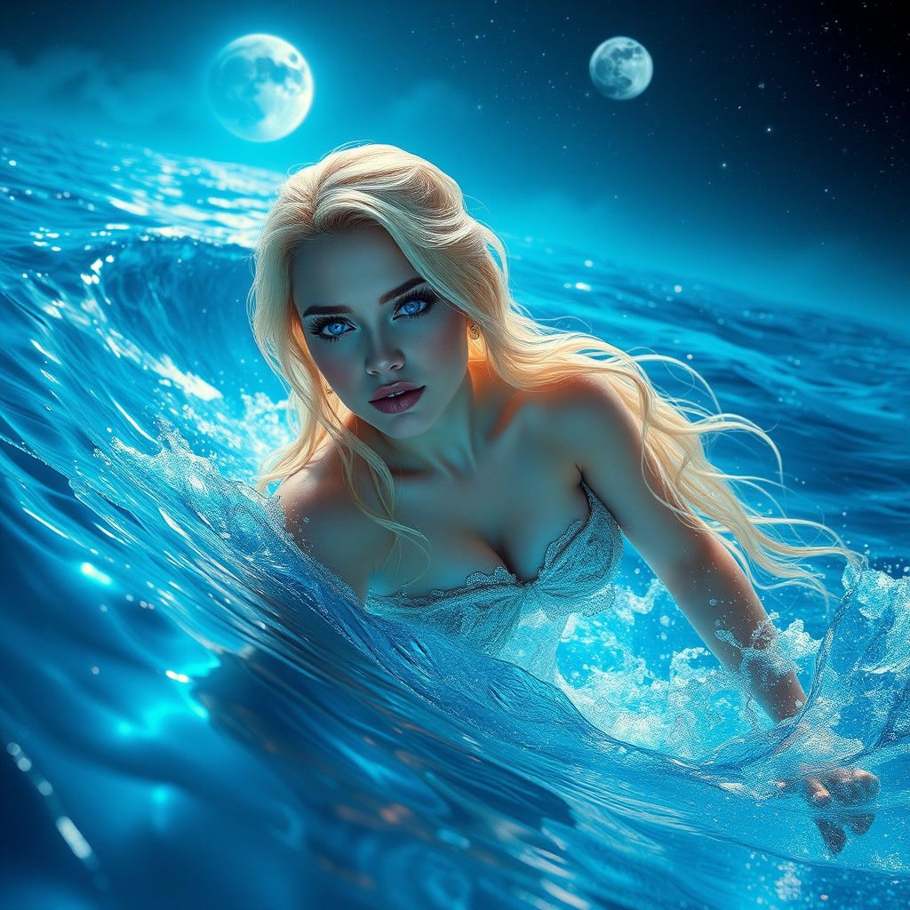 Ethereal Blonde Woman in Bioluminescent Ocean: Digital Matte...