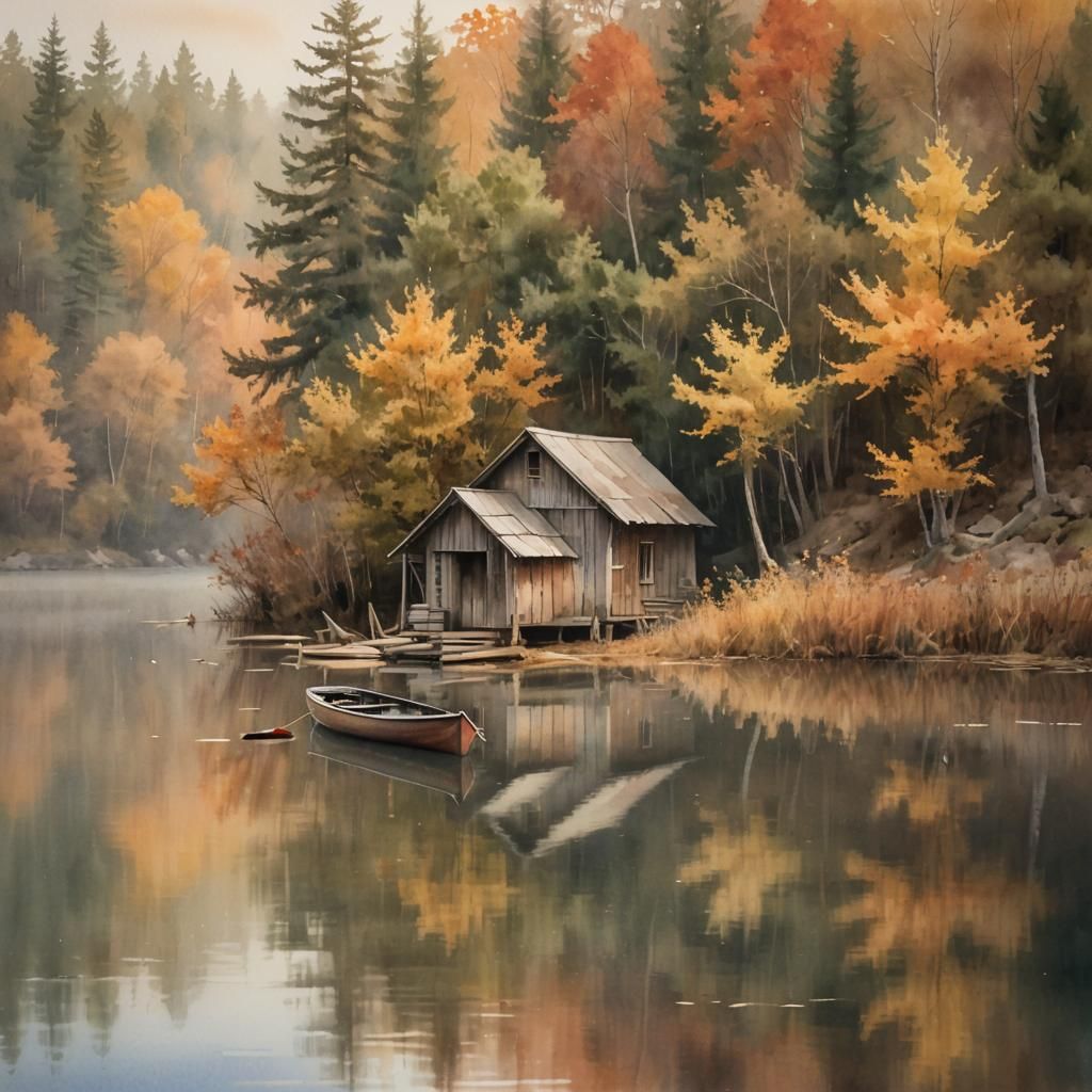 Fishing Shack and Canoe in Impressionist Watercolor