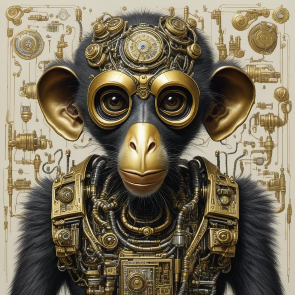 Node Monkey in Zebrapunk Style Gouache Painting