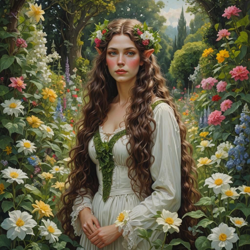 Elven Woman in Flower Garden Oil Painting