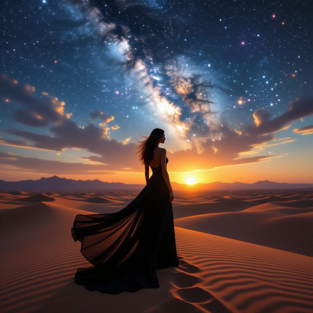 Woman in Desert Twilight Under Nebula Sky