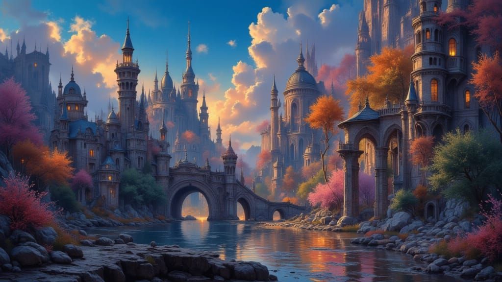 Fantastical Landscape with Intricate Architecture as Matte P...