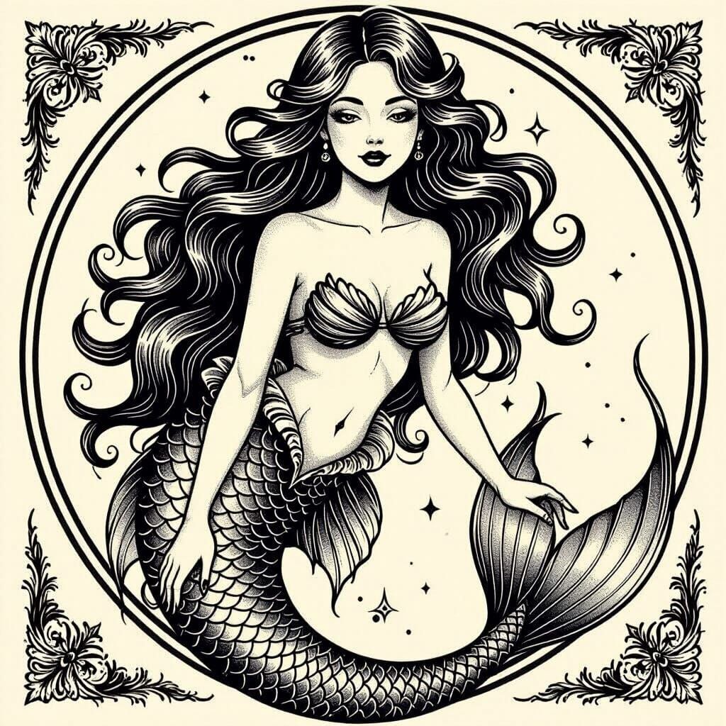 Delicate Mermaid Tattoo Illustration in Fine-Line Style