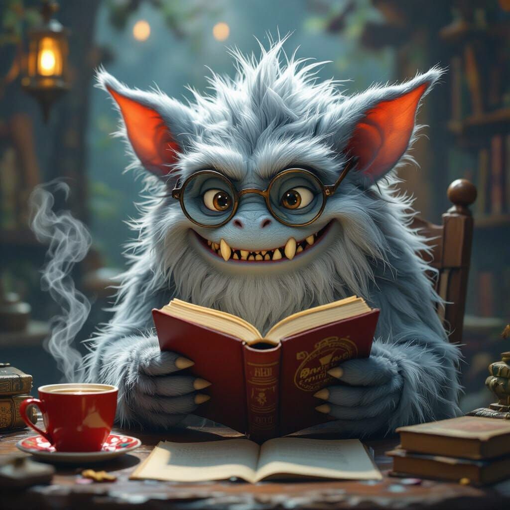 Wumpus Monster Reading a Book in a Matte Painting Style