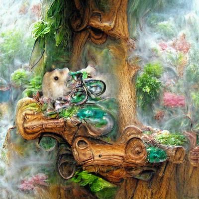 Hamster and Bike on Tree Bark in Fantasy Style