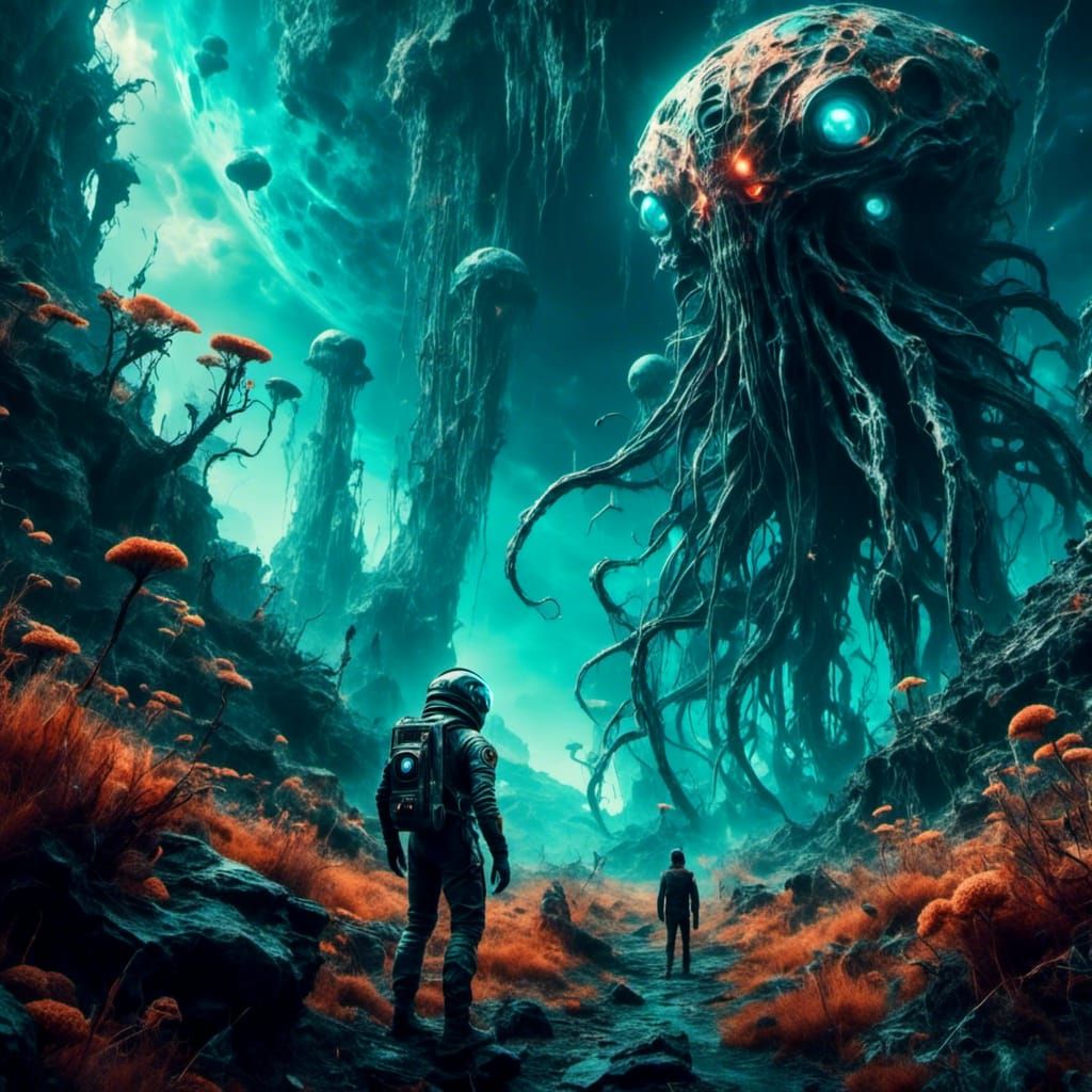 Astronaut Confronts Alien on Ethereal Planet