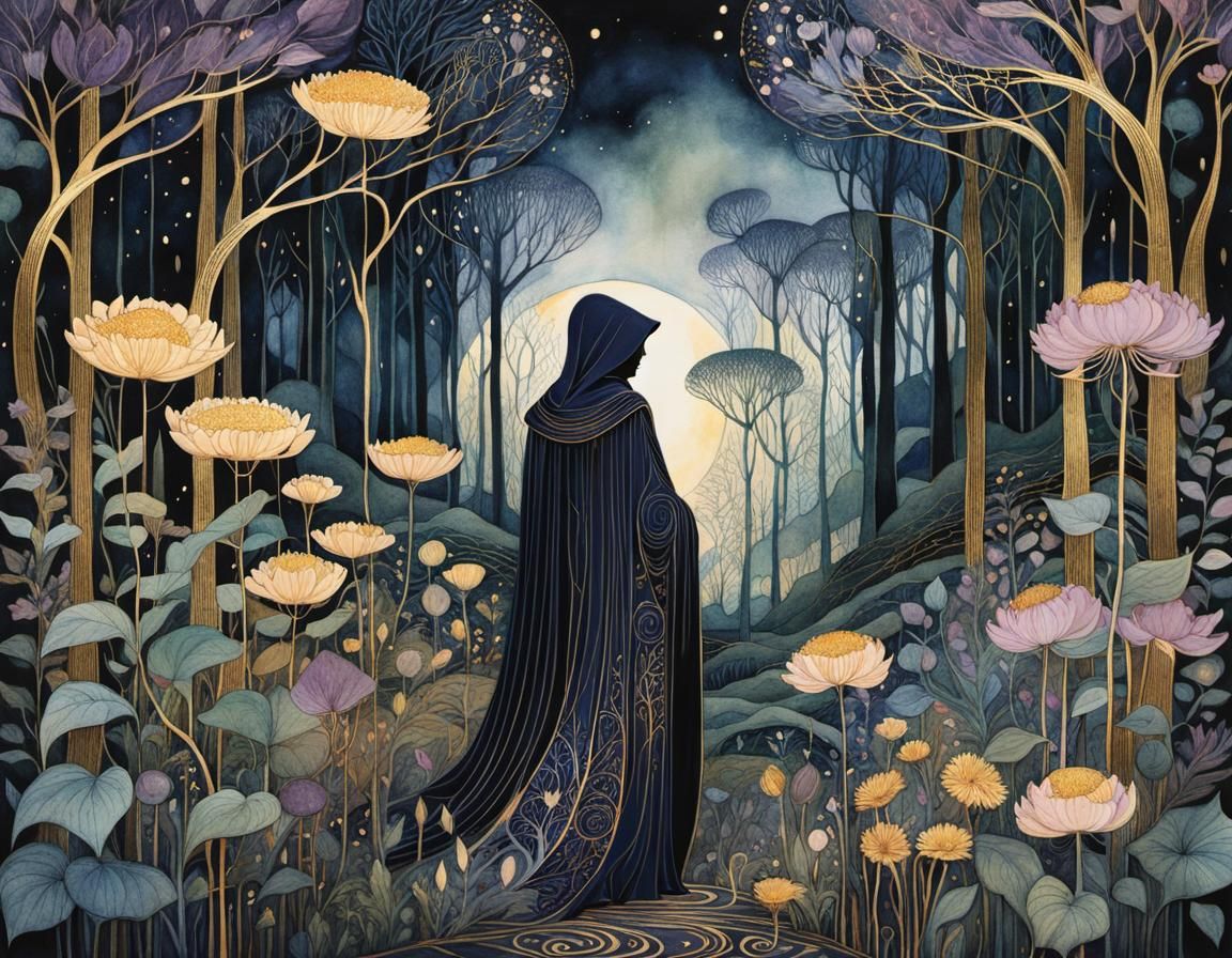 Mysterious Cloaked Figure in Whimsical Forest Illustration