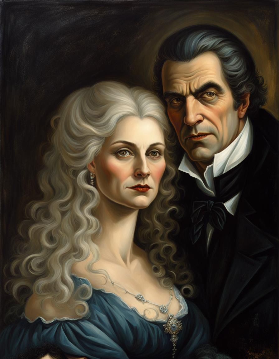 Vampire Couple Portrait in 1800s Oil Painting Style