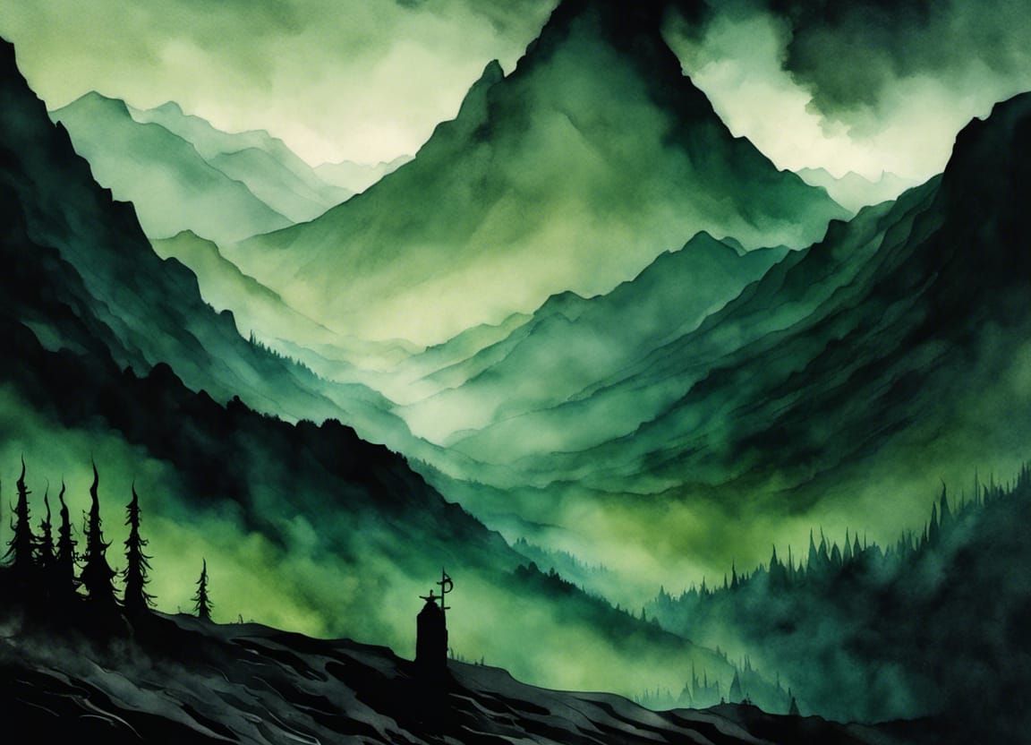 Amidst shadows, entity concealed, Mountains loom, green eerie fields.