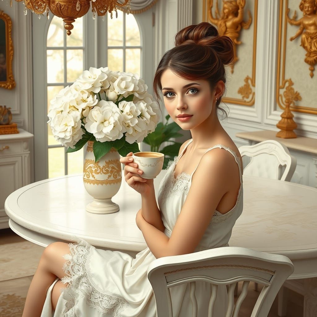 Girl in Cozy Room, Art Nouveau Style