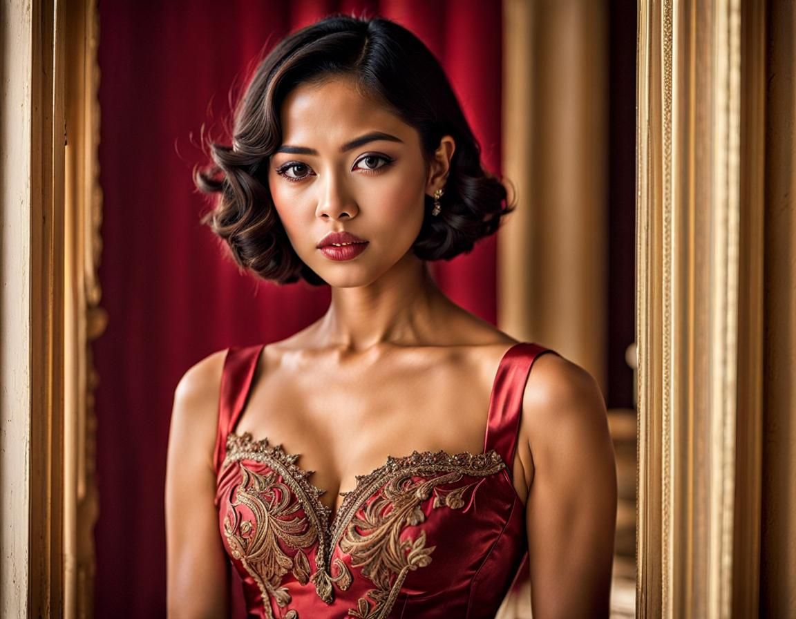 Stunning Indonesian Woman in Red Silk Dress