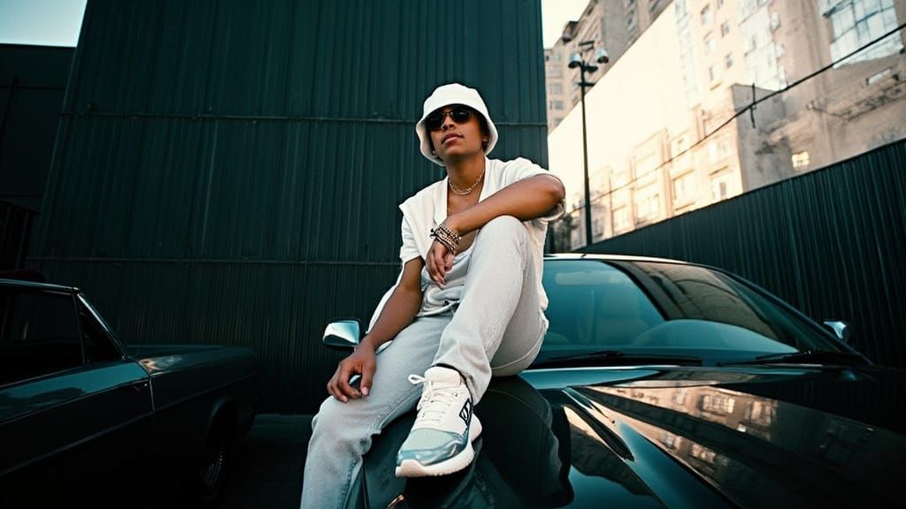 Person on Vintage Car at Sunset