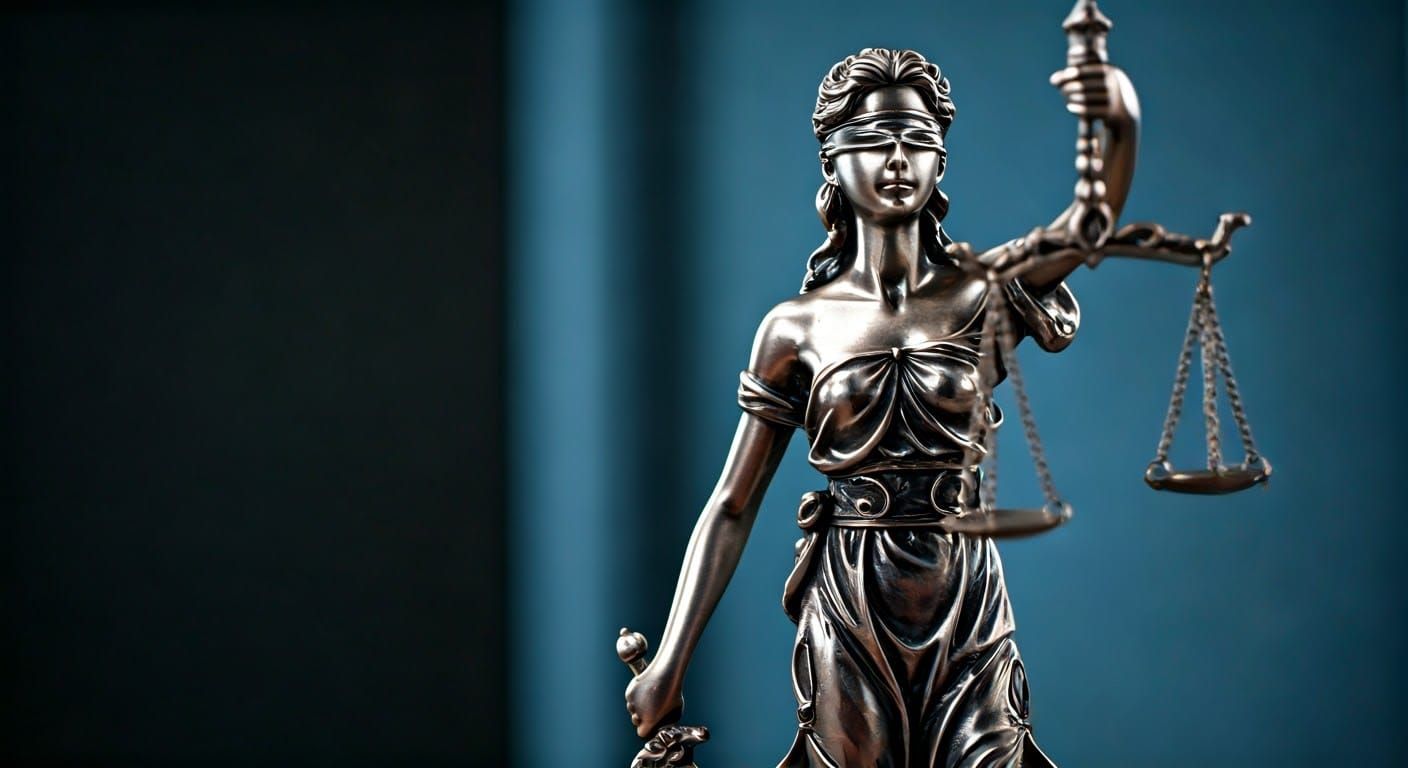 Lady Justice in Modern Office, Blindfolded with Scales and S...