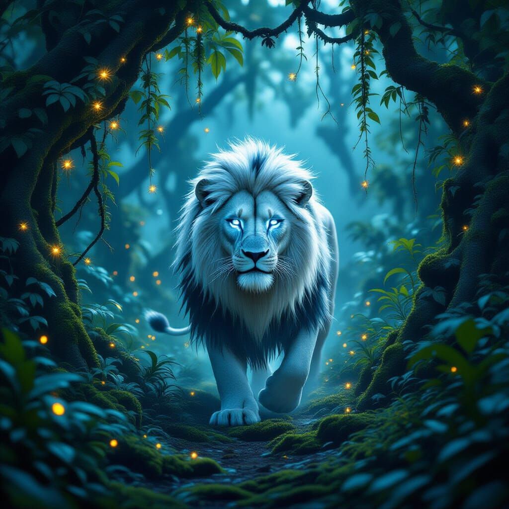 White Lion in Bioluminescent Jungle, Hyperrealistic Art